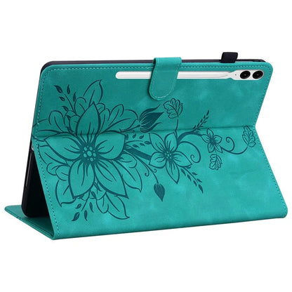 For Samsung Galaxy Tab S9+ / S9 FE+ Card Slots Case Lily Flower Imprint PU Leather Tablet Cover