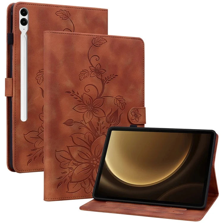 For Samsung Galaxy Tab S9+ / S9 FE+ Card Slots Case Lily Flower Imprint PU Leather Tablet Cover