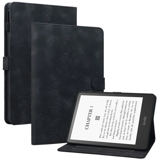 For Amazon Kindle Paperwhite 5 (2021) / (2024) Cover with Card Slots Leather+TPU Tablet Shell Lily Flower Design