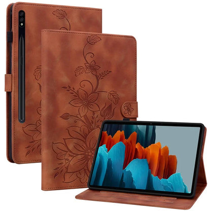 For Samsung Galaxy Tab S7+ / S7 FE / S8+ Case Lily Flower Imprint Card Slots PU Leather Tablet Cover