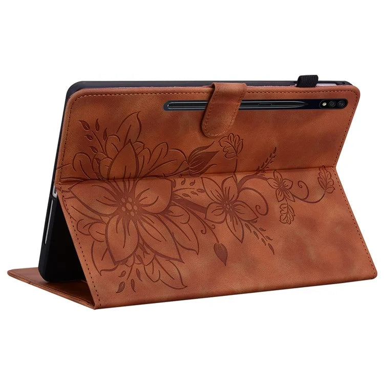 For Samsung Galaxy Tab S7+ / S7 FE / S8+ Case Lily Flower Imprint Card Slots PU Leather Tablet Cover
