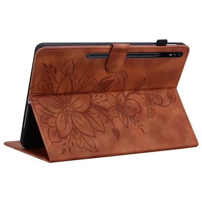 For Samsung Galaxy Tab S7+ / S7 FE / S8+ Case Lily Flower Imprint Card Slots PU Leather Tablet Cover