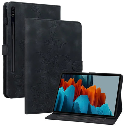 For Samsung Galaxy Tab S7+ / S7 FE / S8+ Case Lily Flower Imprint Card Slots PU Leather Tablet Cover