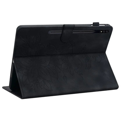 For Samsung Galaxy Tab S7+ / S7 FE / S8+ Case Lily Flower Imprint Card Slots PU Leather Tablet Cover