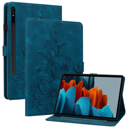 For Samsung Galaxy Tab S7+ / S7 FE / S8+ Case Lily Flower Imprint Card Slots PU Leather Tablet Cover