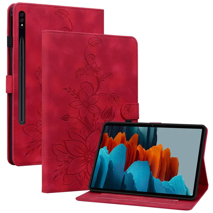 For Samsung Galaxy Tab S7+ / S7 FE / S8+ Case Lily Flower Imprint Card Slots PU Leather Tablet Cover
