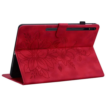 For Samsung Galaxy Tab S7+ / S7 FE / S8+ Case Lily Flower Imprint Card Slots PU Leather Tablet Cover