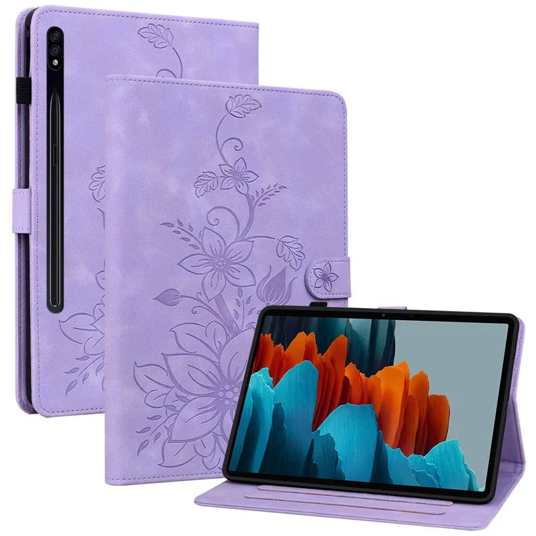 For Samsung Galaxy Tab S7+ / S7 FE / S8+ Case Lily Flower Imprint Card Slots PU Leather Tablet Cover