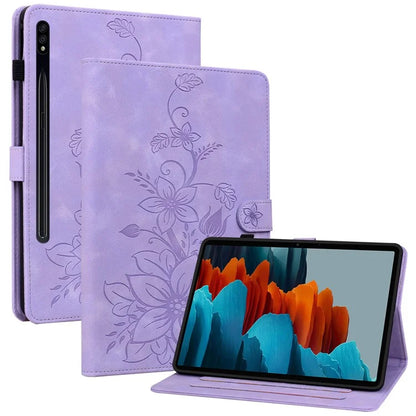 For Samsung Galaxy Tab S7+ / S7 FE / S8+ Case Lily Flower Imprint Card Slots PU Leather Tablet Cover