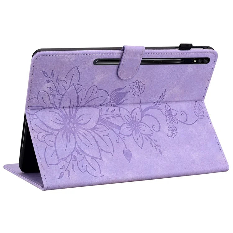 For Samsung Galaxy Tab S7+ / S7 FE / S8+ Case Lily Flower Imprint Card Slots PU Leather Tablet Cover