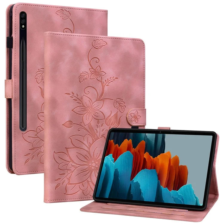 For Samsung Galaxy Tab S7+ / S7 FE / S8+ Case Lily Flower Imprint Card Slots PU Leather Tablet Cover