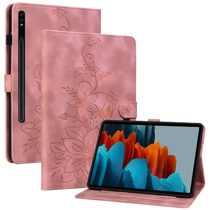 For Samsung Galaxy Tab S7+ / S7 FE / S8+ Case Lily Flower Imprint Card Slots PU Leather Tablet Cover
