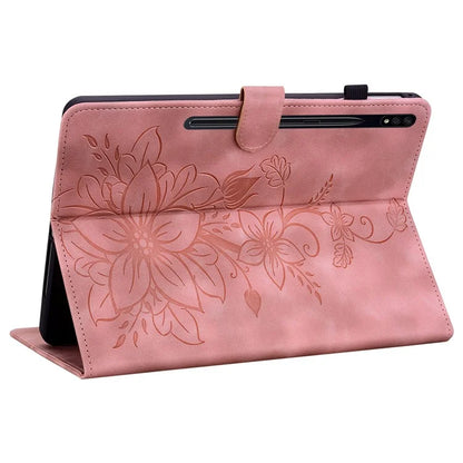 For Samsung Galaxy Tab S7+ / S7 FE / S8+ Case Lily Flower Imprint Card Slots PU Leather Tablet Cover