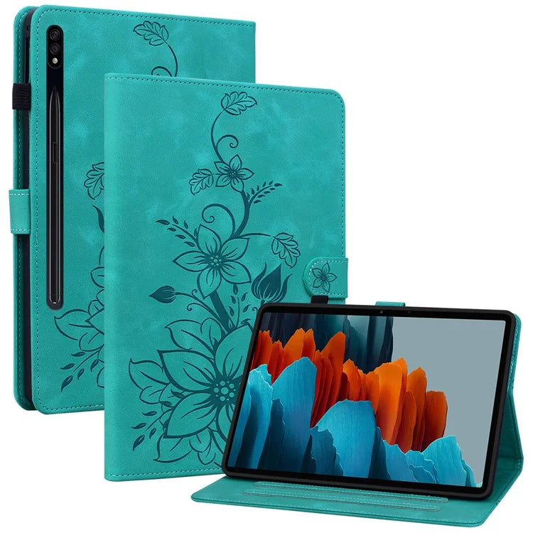 For Samsung Galaxy Tab S7+ / S7 FE / S8+ Case Lily Flower Imprint Card Slots PU Leather Tablet Cover