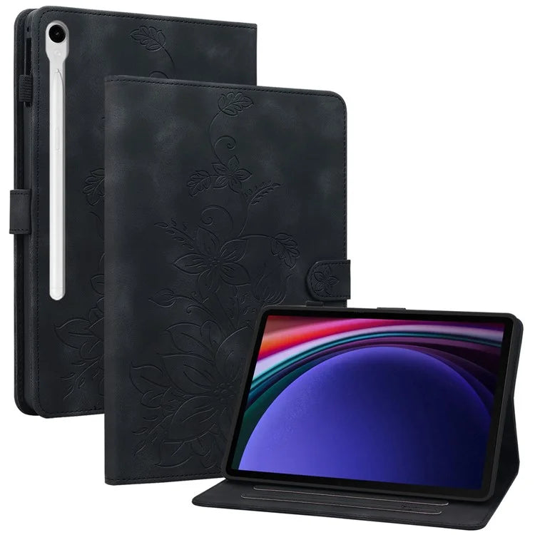 For Samsung Galaxy Tab S9 / Tab S7 / Tab S8 Case PU Leather+TPU Lily Flower Tablet Stand Shell