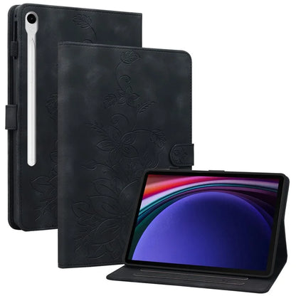 For Samsung Galaxy Tab S9 / Tab S7 / Tab S8 Case PU Leather+TPU Lily Flower Tablet Stand Shell