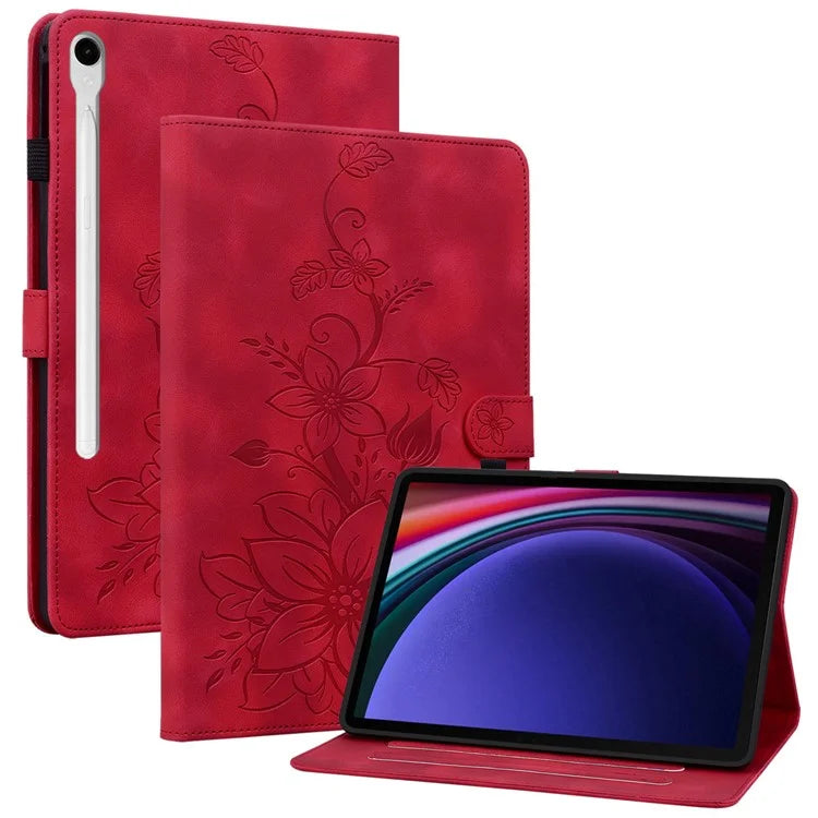 For Samsung Galaxy Tab S9 / Tab S7 / Tab S8 Case PU Leather+TPU Lily Flower Tablet Stand Shell