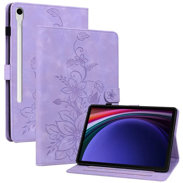 For Samsung Galaxy Tab S9 / Tab S7 / Tab S8 Case PU Leather+TPU Lily Flower Tablet Stand Shell