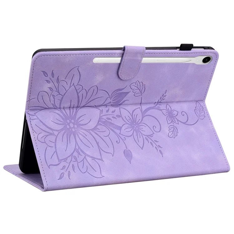 For Samsung Galaxy Tab S9 / Tab S7 / Tab S8 Case PU Leather+TPU Lily Flower Tablet Stand Shell
