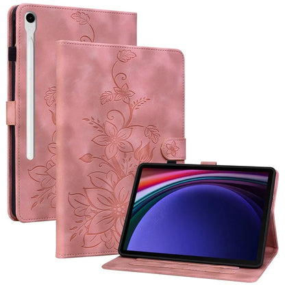 For Samsung Galaxy Tab S9 / Tab S7 / Tab S8 Case PU Leather+TPU Lily Flower Tablet Stand Shell