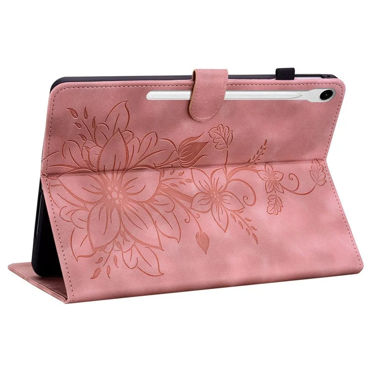 For Samsung Galaxy Tab S9 / Tab S7 / Tab S8 Case PU Leather+TPU Lily Flower Tablet Stand Shell