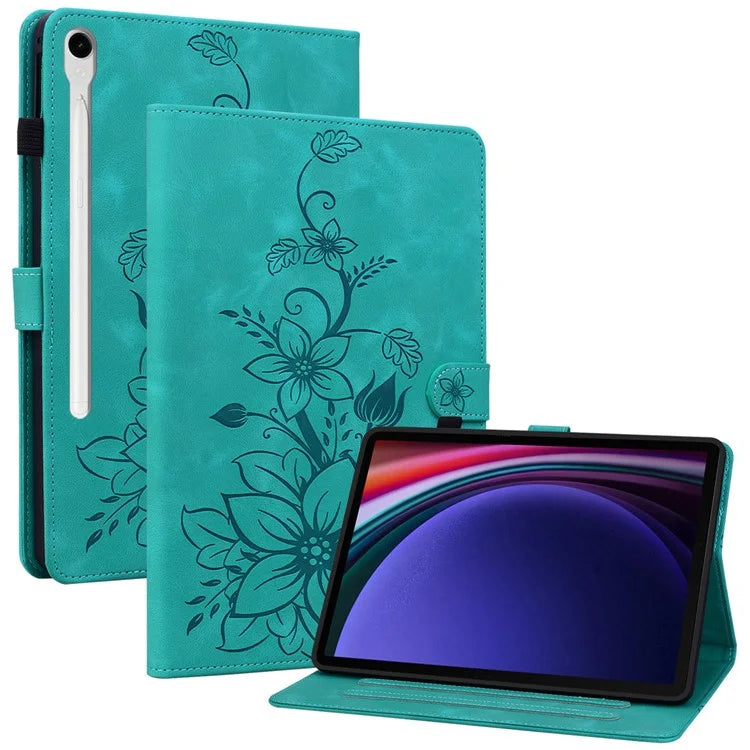 For Samsung Galaxy Tab S9 / Tab S7 / Tab S8 Case PU Leather+TPU Lily Flower Tablet Stand Shell