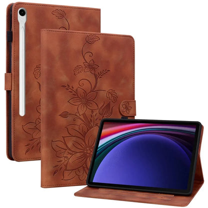 For Samsung Galaxy Tab S9 / Tab S7 / Tab S8 Case PU Leather+TPU Lily Flower Tablet Stand Shell