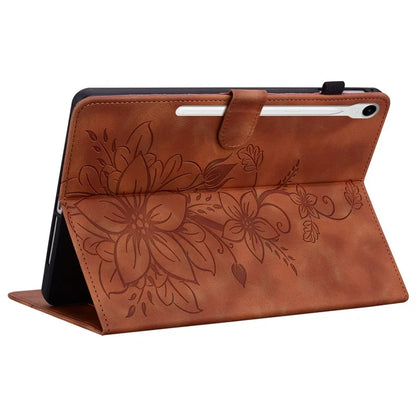 For Samsung Galaxy Tab S9 / Tab S7 / Tab S8 Case PU Leather+TPU Lily Flower Tablet Stand Shell