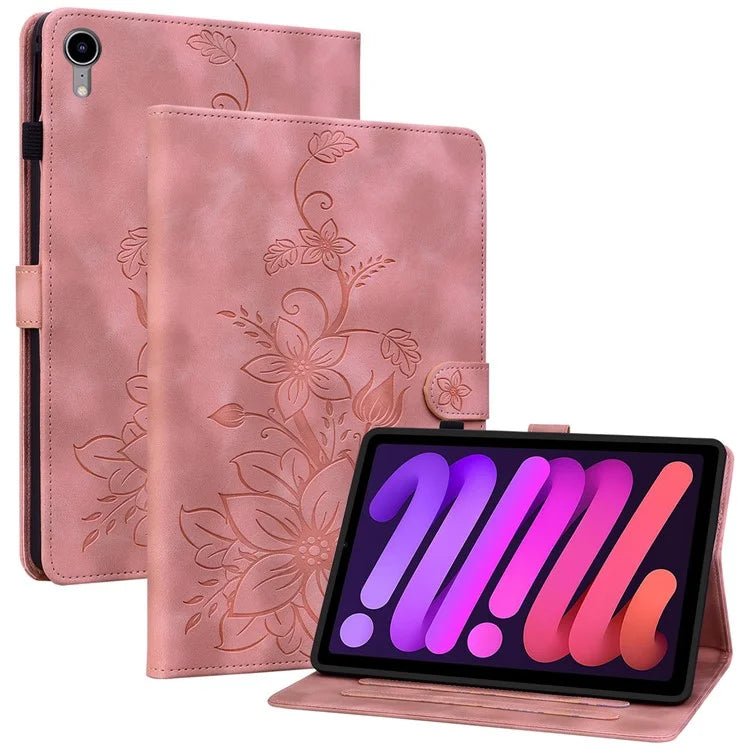 For iPad mini (2021) Case Lily Flower Design PU Leather Stand Tablet Cover