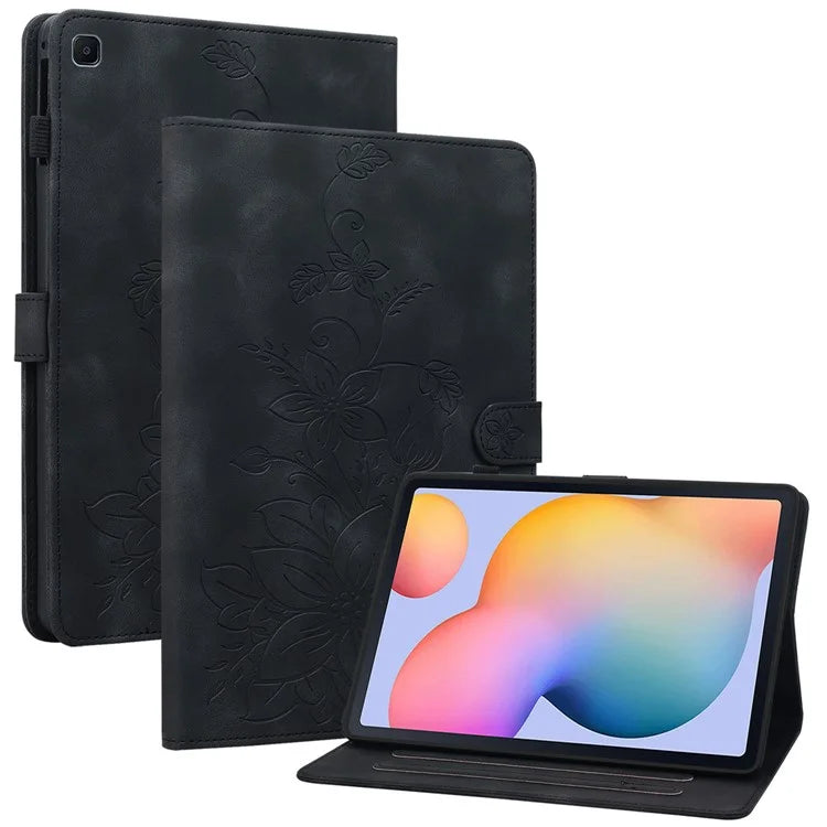 For Samsung Galaxy Tab S6 Lite (2020) / (2022) / (2024) Case Lily Flower Imprint Card Holder Leather Tablet Cover