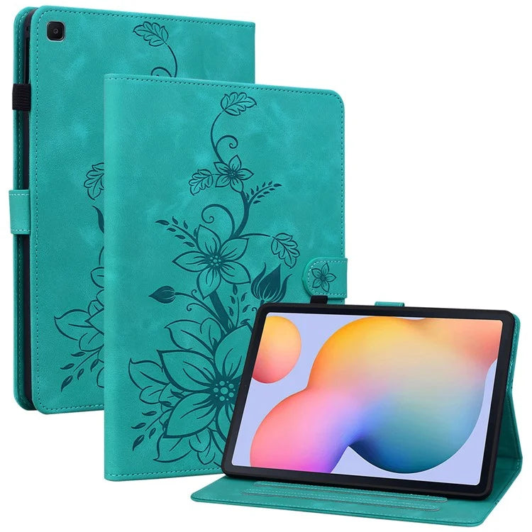 For Samsung Galaxy Tab S6 Lite (2020) / (2022) / (2024) Case Lily Flower Imprint Card Holder Leather Tablet Cover