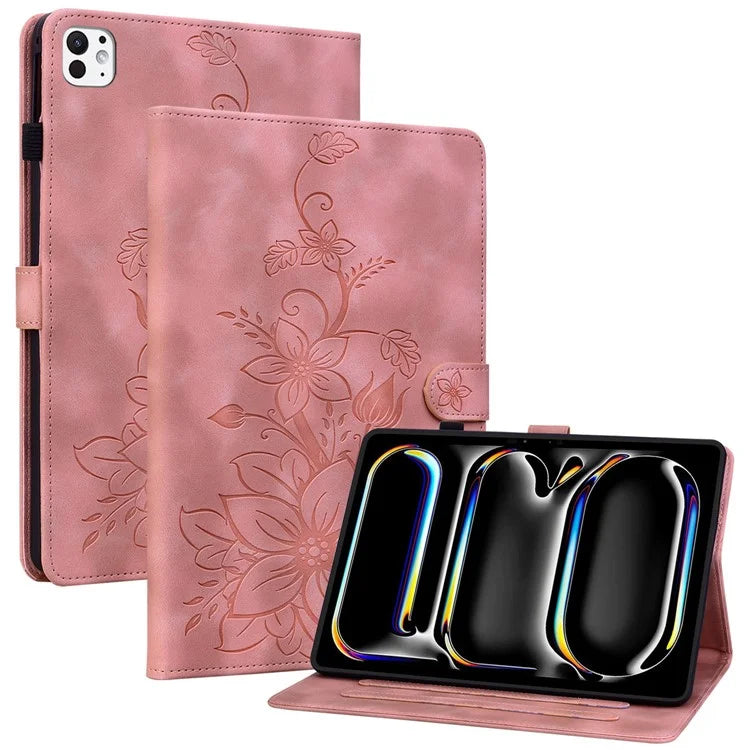 For iPad Pro 11 (2024) Case Lily Flower Design PU Leather Drop Protection Tablet Cover