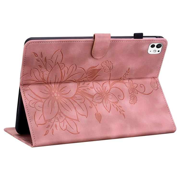 For iPad Pro 11 (2024) Case Lily Flower Design PU Leather Drop Protection Tablet Cover