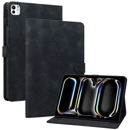 For iPad Pro 11 (2024) Case Lily Flower Design PU Leather Drop Protection Tablet Cover