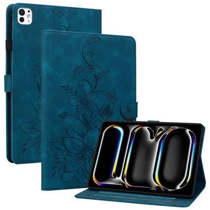 For iPad Pro 11 (2024) Case Lily Flower Design PU Leather Drop Protection Tablet Cover