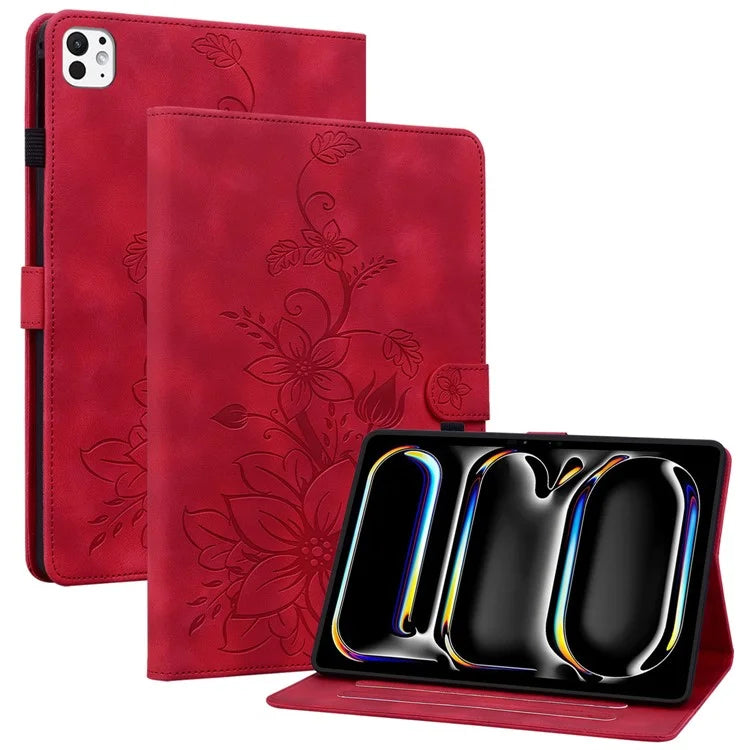 For iPad Pro 11 (2024) Case Lily Flower Design PU Leather Drop Protection Tablet Cover