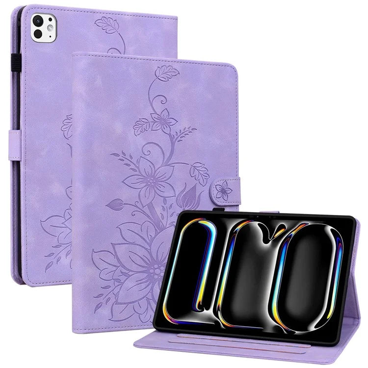 For iPad Pro 11 (2024) Case Lily Flower Design PU Leather Drop Protection Tablet Cover