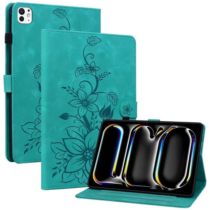 For iPad Pro 11 (2024) Case Lily Flower Design PU Leather Drop Protection Tablet Cover