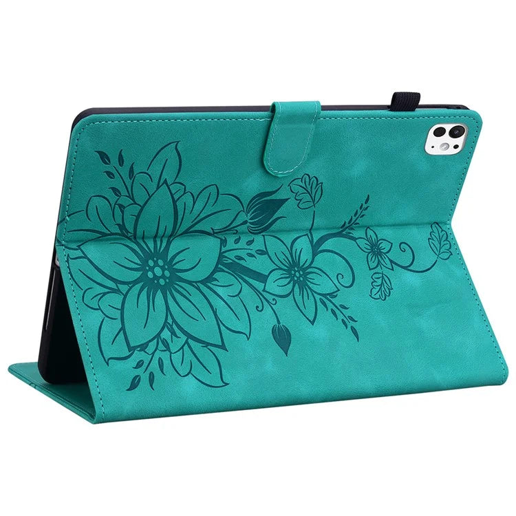 For iPad Pro 11 (2024) Case Lily Flower Design PU Leather Drop Protection Tablet Cover