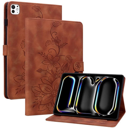 For iPad Pro 11 (2024) Case Lily Flower Design PU Leather Drop Protection Tablet Cover