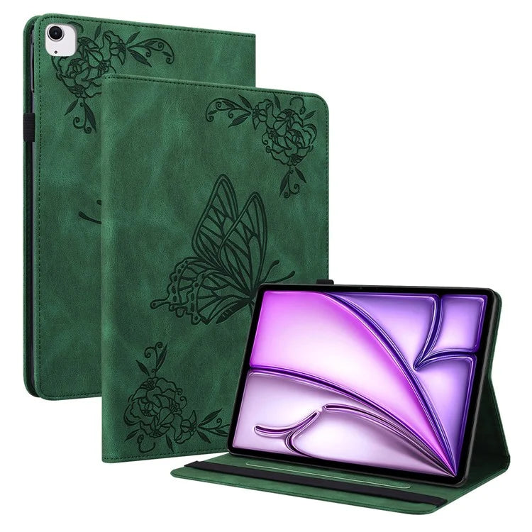 For iPad Air 11 (2024) Case Imprinted Butterfly Flower PU Leather Flip Card Slots Tablet Cover
