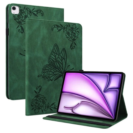 For iPad Air 11 (2024) Case Imprinted Butterfly Flower PU Leather Flip Card Slots Tablet Cover