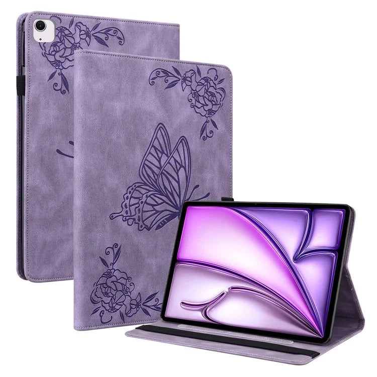 For iPad Air 11 (2024) Case Imprinted Butterfly Flower PU Leather Flip Card Slots Tablet Cover