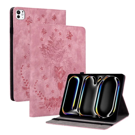 For iPad Pro 11 (2024) Leather Tablet Case Card Holder Imprinted Rose Flower Cover