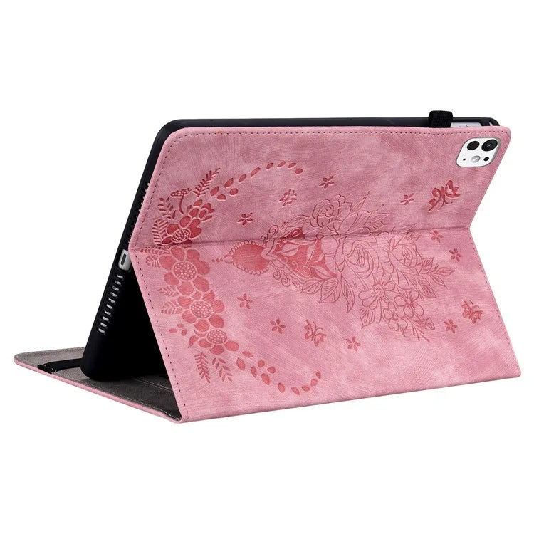 For iPad Pro 11 (2024) Leather Tablet Case Card Holder Imprinted Rose Flower Cover