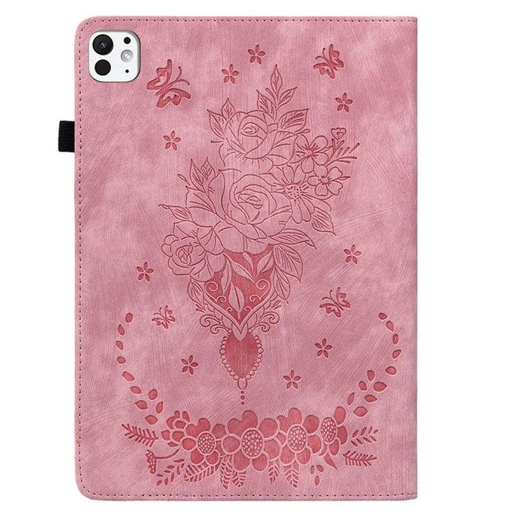 For iPad Pro 11 (2024) Leather Tablet Case Card Holder Imprinted Rose Flower Cover