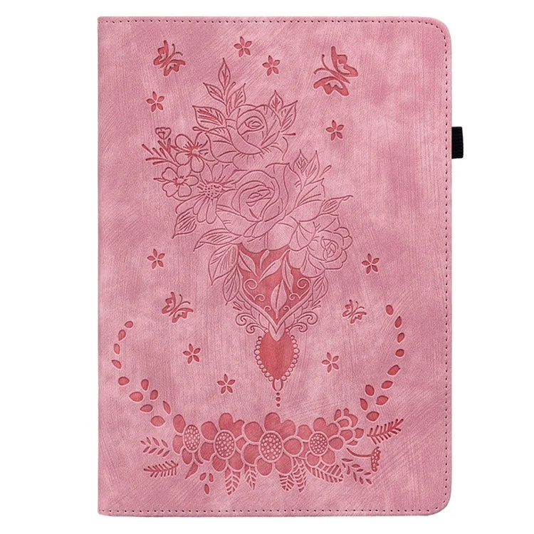 For iPad Pro 11 (2024) Leather Tablet Case Card Holder Imprinted Rose Flower Cover