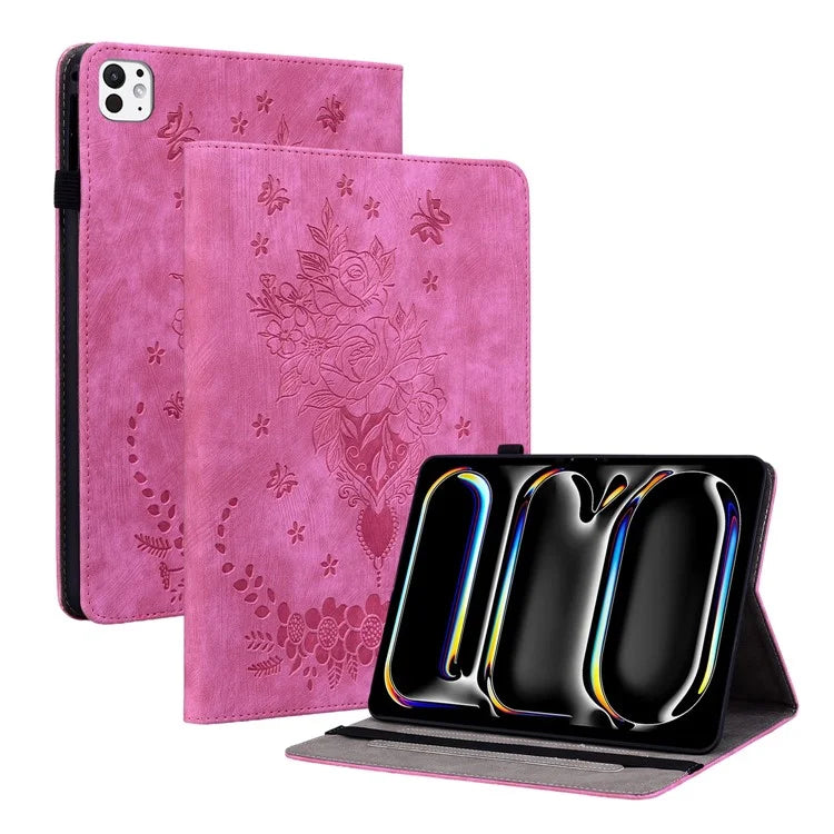 For iPad Pro 11 (2024) Leather Tablet Case Card Holder Imprinted Rose Flower Cover