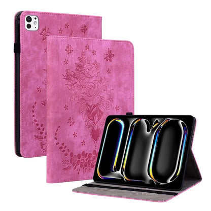 For iPad Pro 11 (2024) Leather Tablet Case Card Holder Imprinted Rose Flower Cover