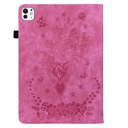 For iPad Pro 11 (2024) Leather Tablet Case Card Holder Imprinted Rose Flower Cover